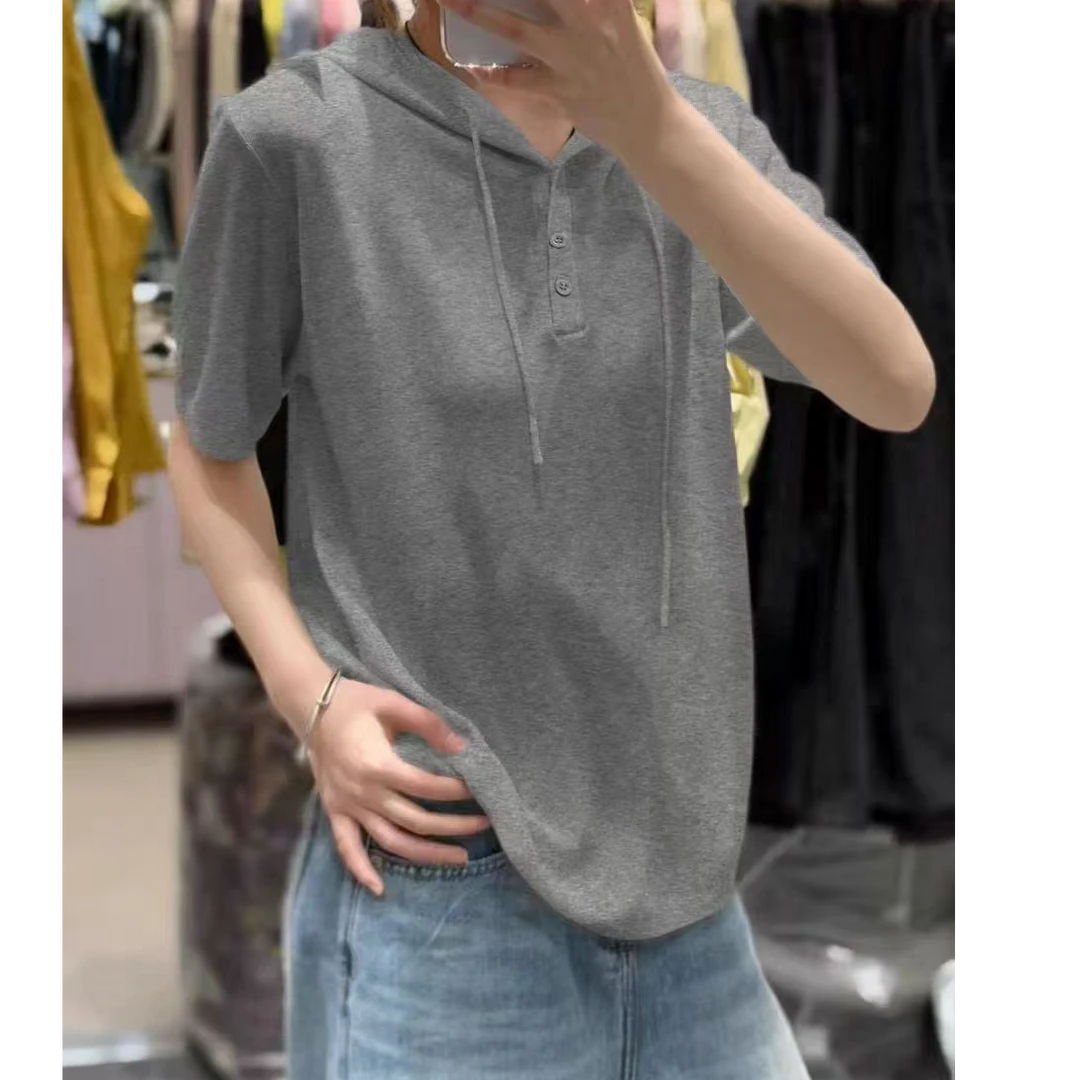 A2358灰排扣连帽休闲短袖T恤