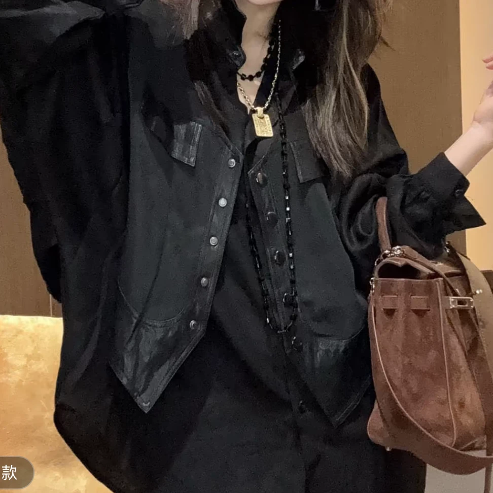 museguhui/木色古汇825160#假两件拼接皮马甲宽松小众设计感衬衫