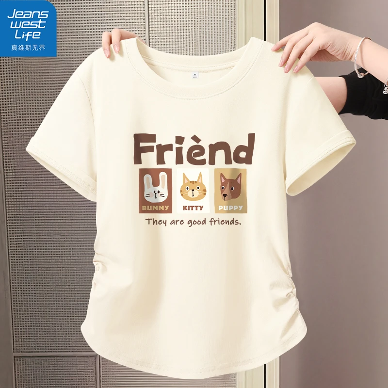 真维斯无界休闲风抽褶短袖圆领印花短款韩版T恤半袖女士时尚休闲