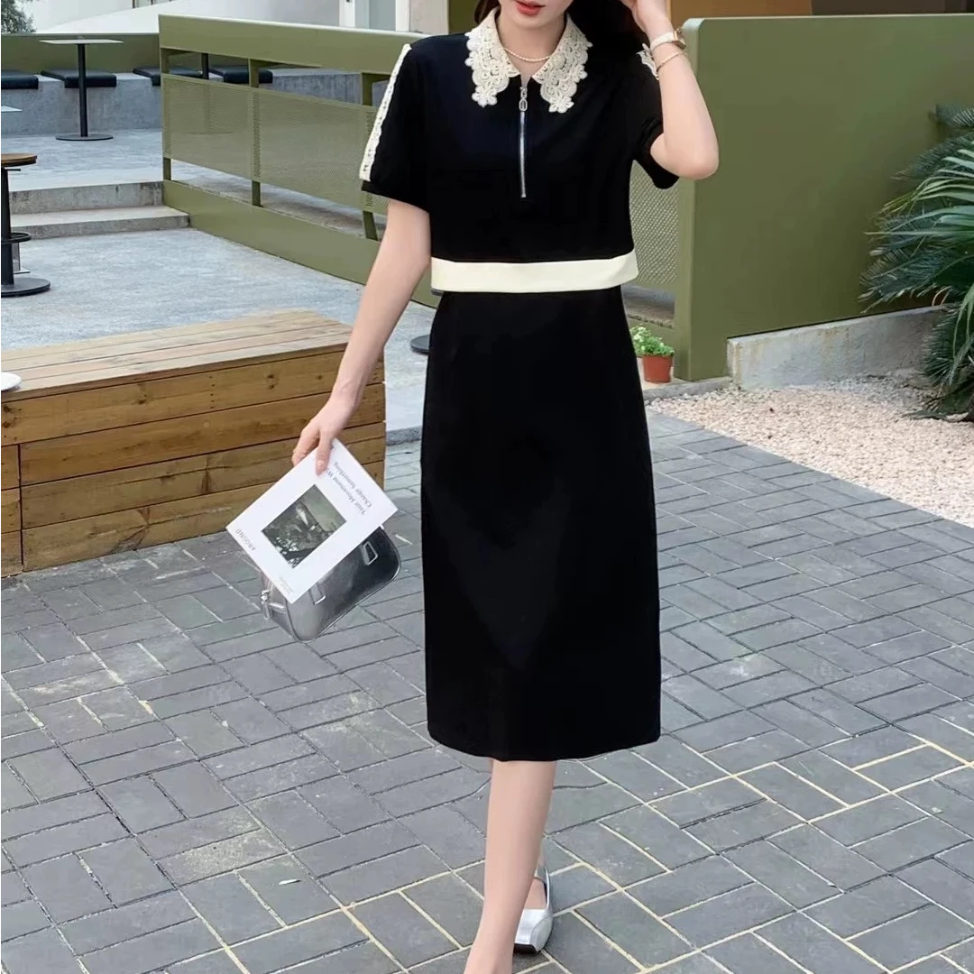 无印心匠K431蕾丝~ 假两件设计&连衣裙女 黑色拼接显瘦 B98335