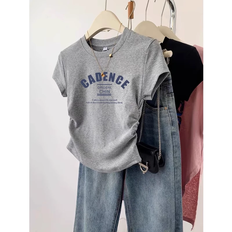 2025新款圆领短袖t恤女夏季大码胖mm修身短款小个子正肩体恤上衣