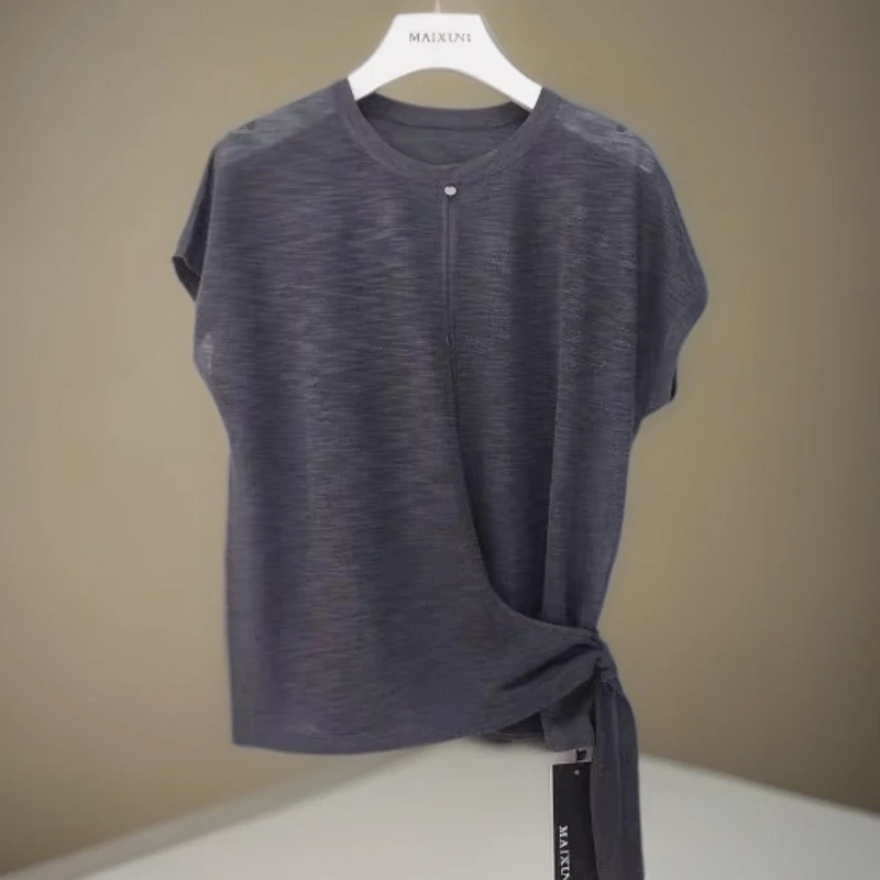 麦寻夏季新款ZTSFS18A旋风灰短袖针织衫镂空冰丝设计系带时尚小众