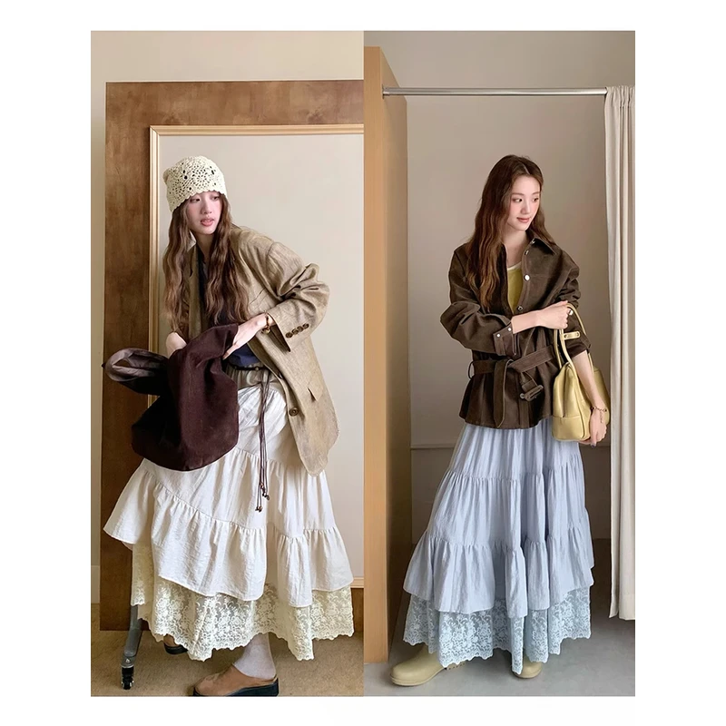 soolrok 松未韵一 韩系亚麻拼接刺绣半身裙层次高腰遮胯蕾丝长裙