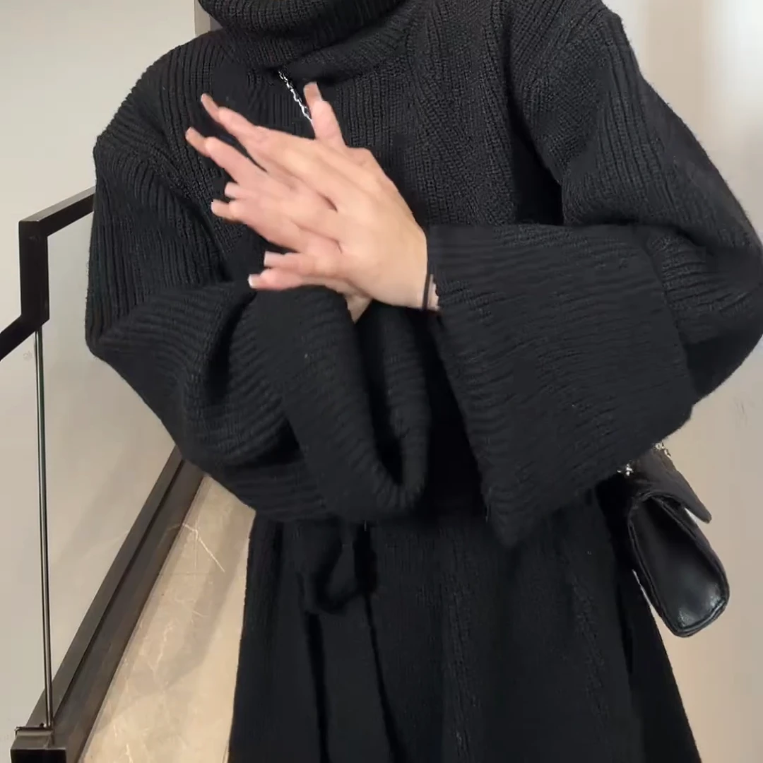 新款高领时尚休闲宽松设计感腰带针织毛衣C6407