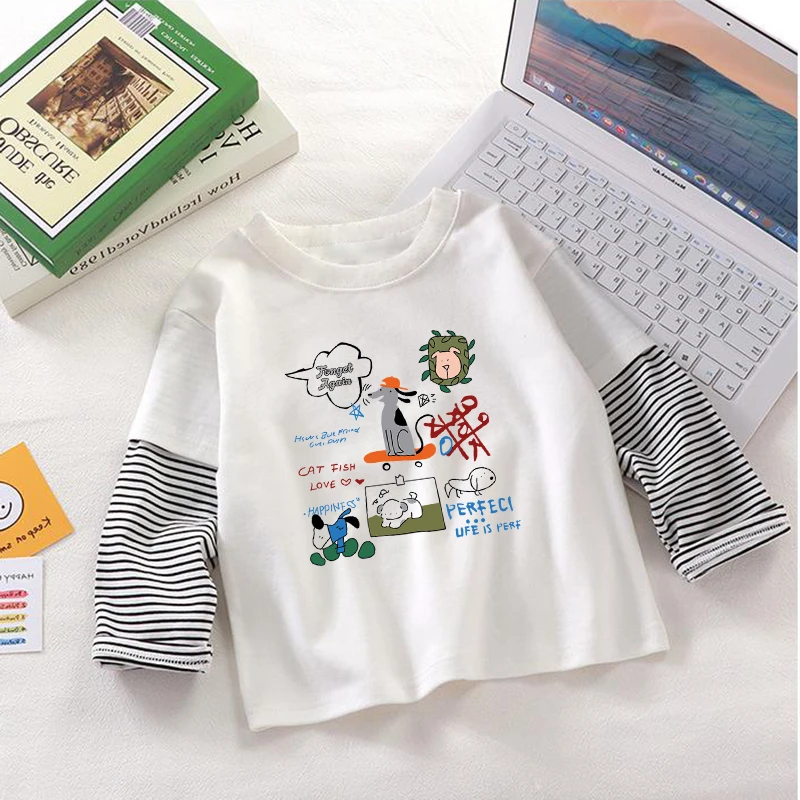 儿童纯棉长袖T恤春秋款条纹休闲假两件打底衫男童宝宝秋装上衣男