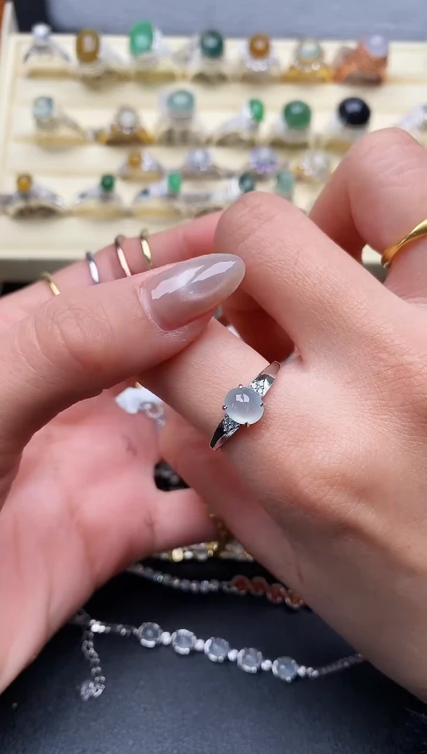 【闪购商品】翡翠戒指银S925镶嵌缅甸天然A货翡翠222  3-5