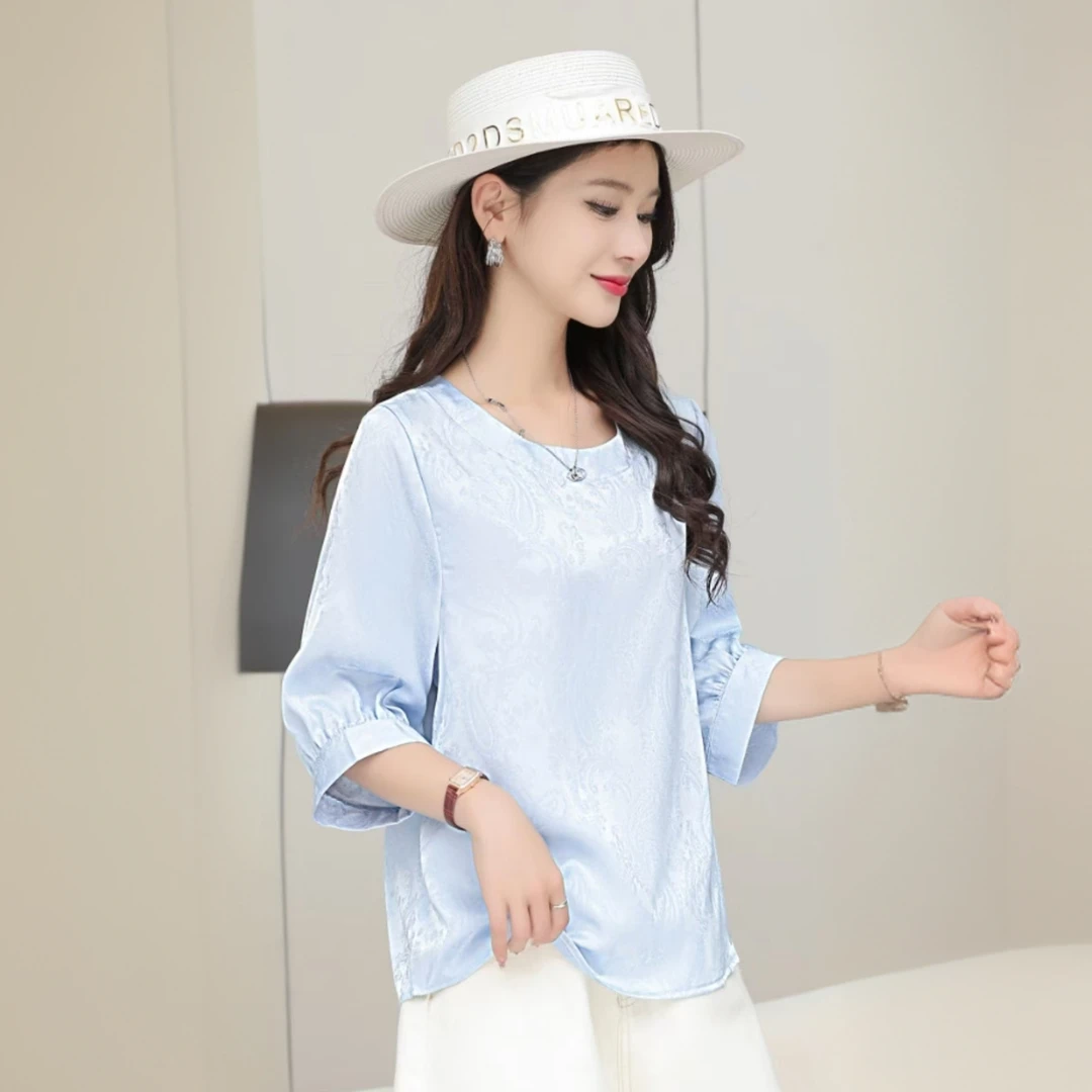 新中式丝缎提花衬衫女圆领中袖缎面宽松上衣2025新款夏季国风