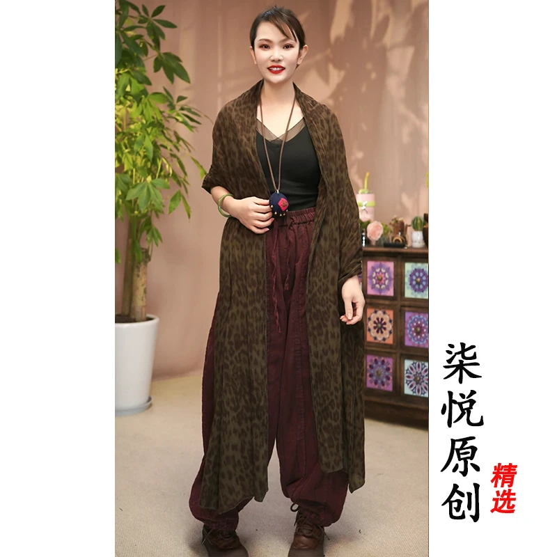 【柒悦】复古做旧肌理亚麻豹纹印花长款围巾（长246宽65）