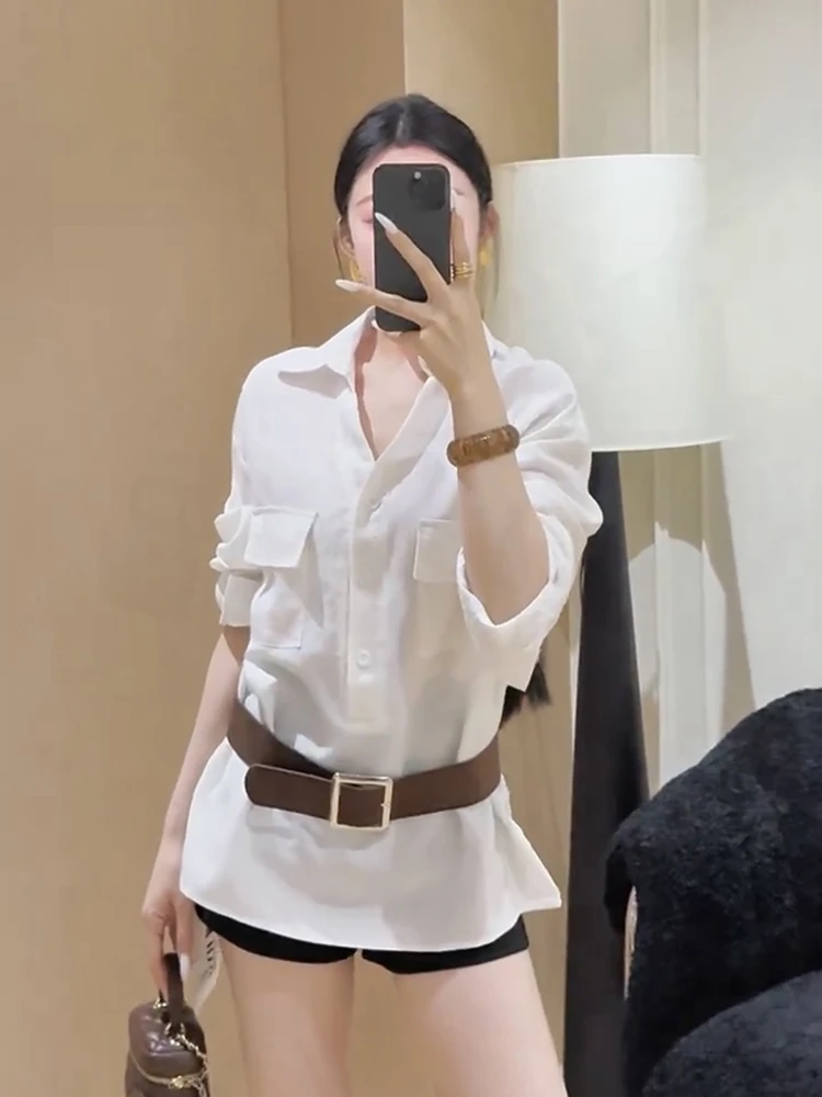 时尚洋气时髦轻职场老钱风通勤上衣气质高级感白色翻领衬衫女早秋