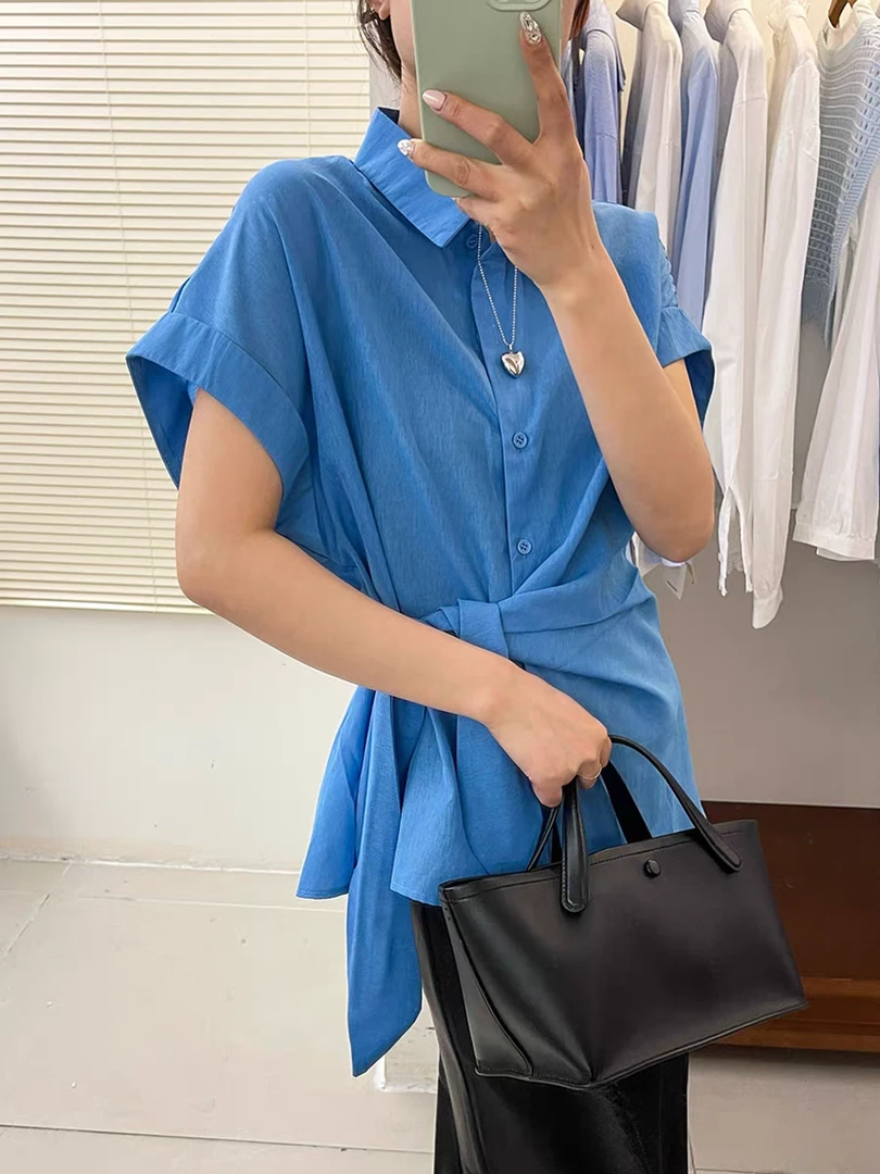 夏季新款时尚百搭翻领短袖宽松显瘦系带收腰衬衫女薄款上衣