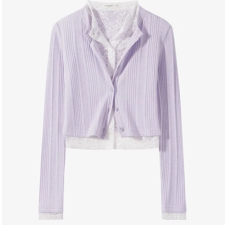 羊城故事-紫色甜美短款开衫纯欲蕾丝内搭上衣两件套女Y50248394