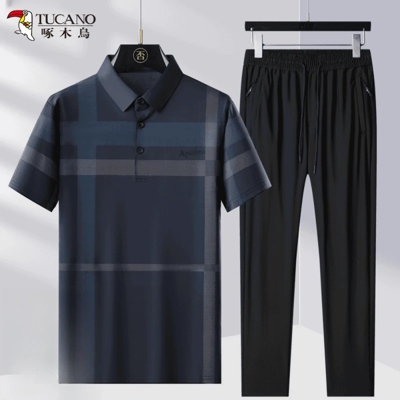 TUCANO/啄木鳥男装男士爸爸夏季套装防晒POLO衫冰丝中老年短袖T恤