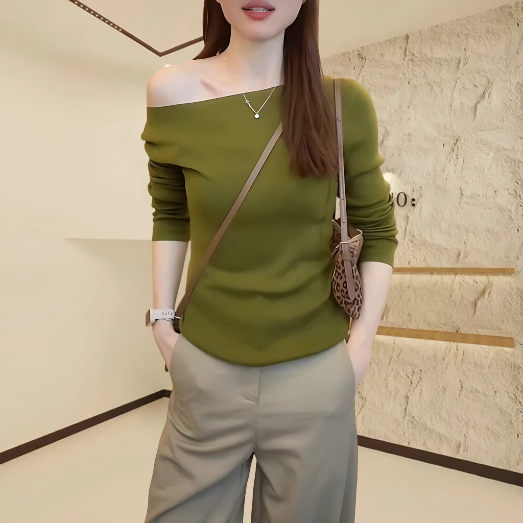 一字领长袖针织打底衫内搭气质上衣女2025秋季新款修身显瘦T恤女