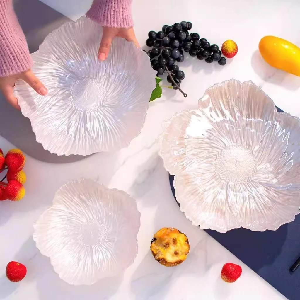 珠光花朵水晶玻璃水果盘家用零食糖果盘珠光白前台盘过年用水果盘