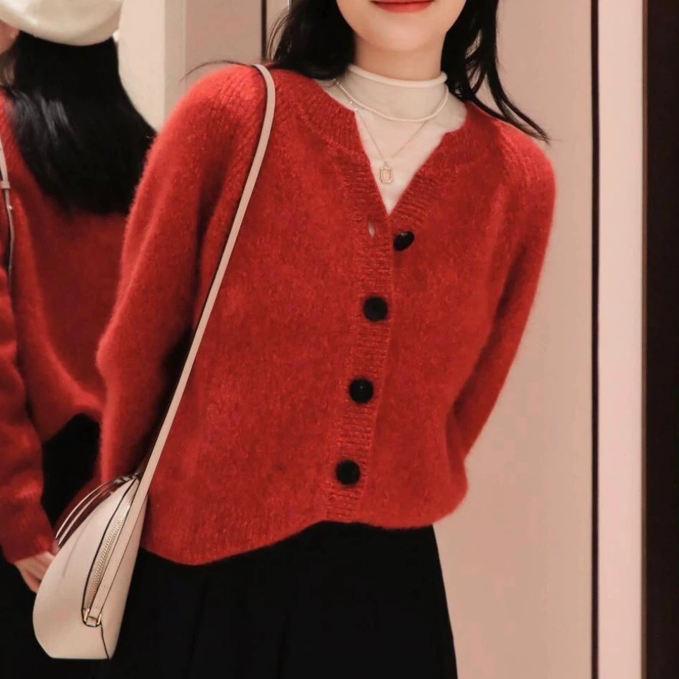 B【5139】冬季新款时尚百搭合股红夹花针织开衫