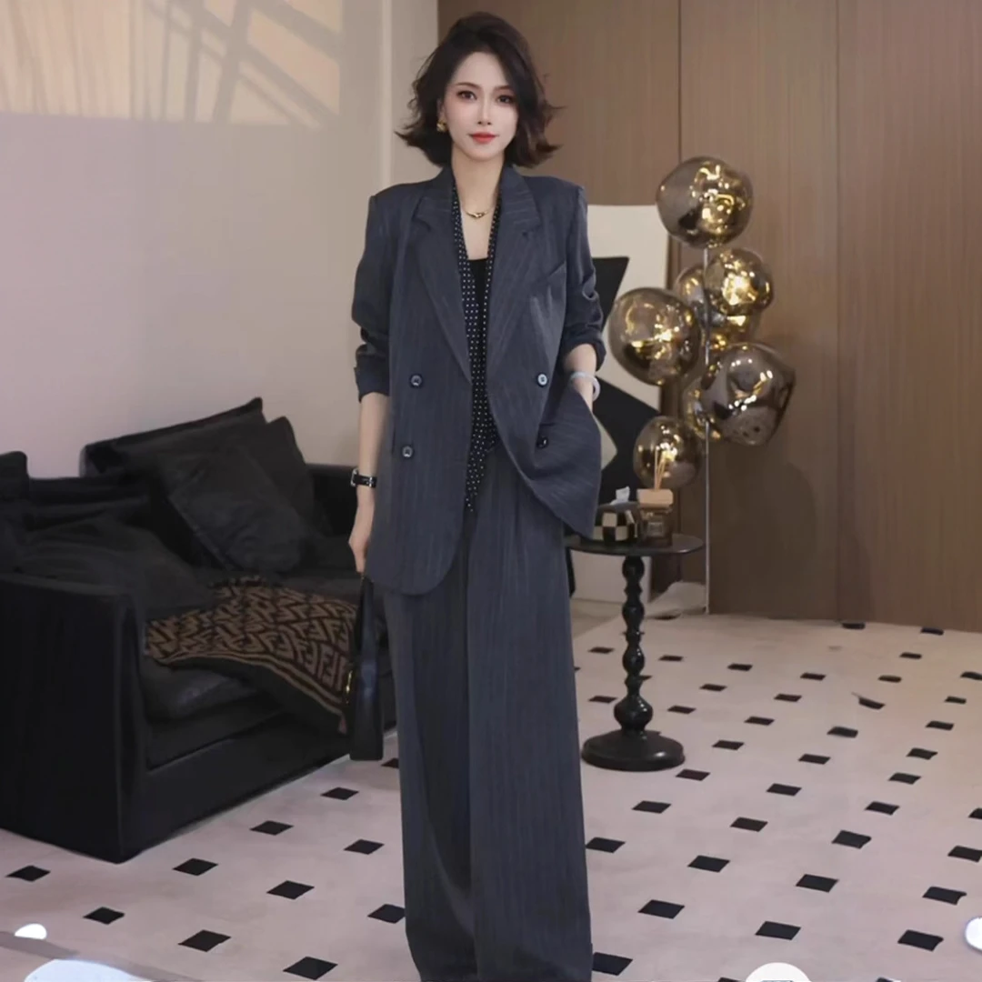 2025秋季大码女装中长款职业条纹西装套装胖mm阔腿裤两件套小西服