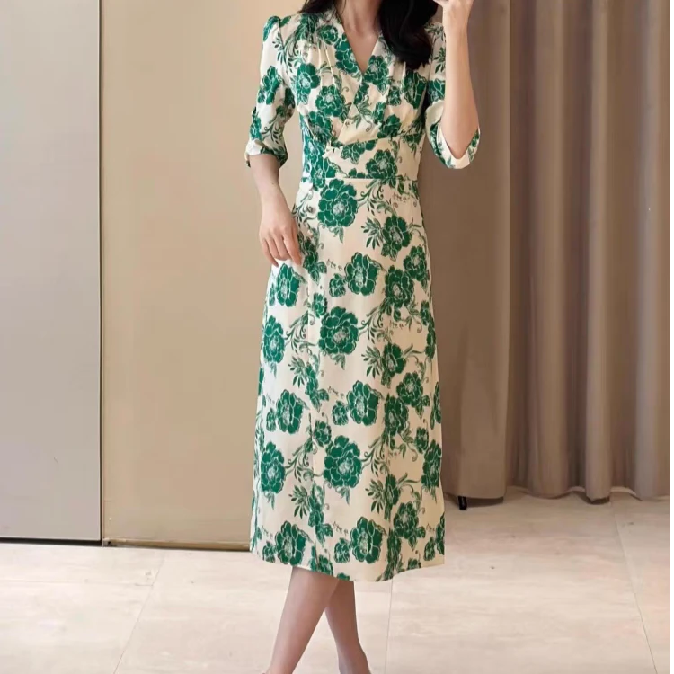 25ss夏季新款弹力收腰显瘦V领牡丹印花连衣裙气质优雅女-4632