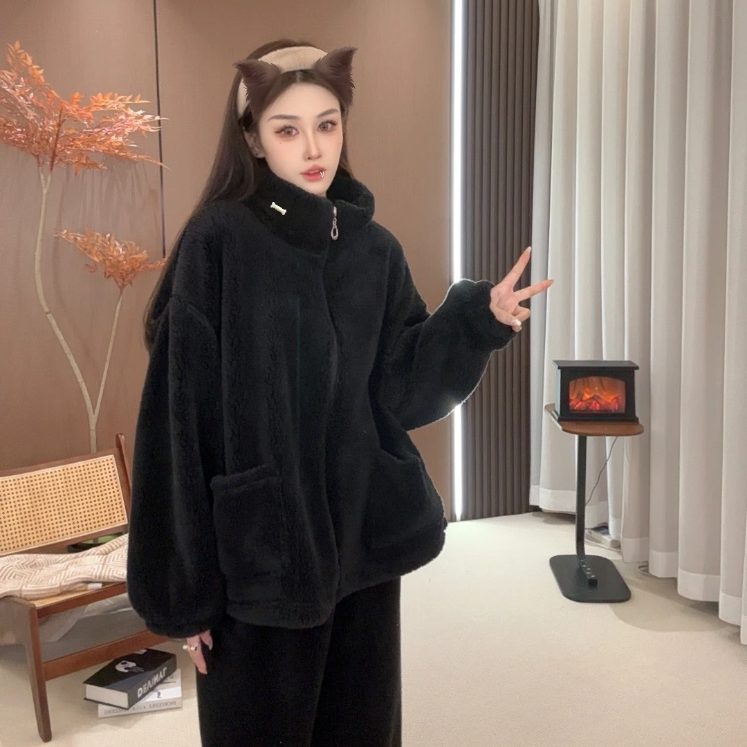 【普通款】秋冬睡衣女士加绒加厚冬季高领保暖拉链休闲家居服套装
