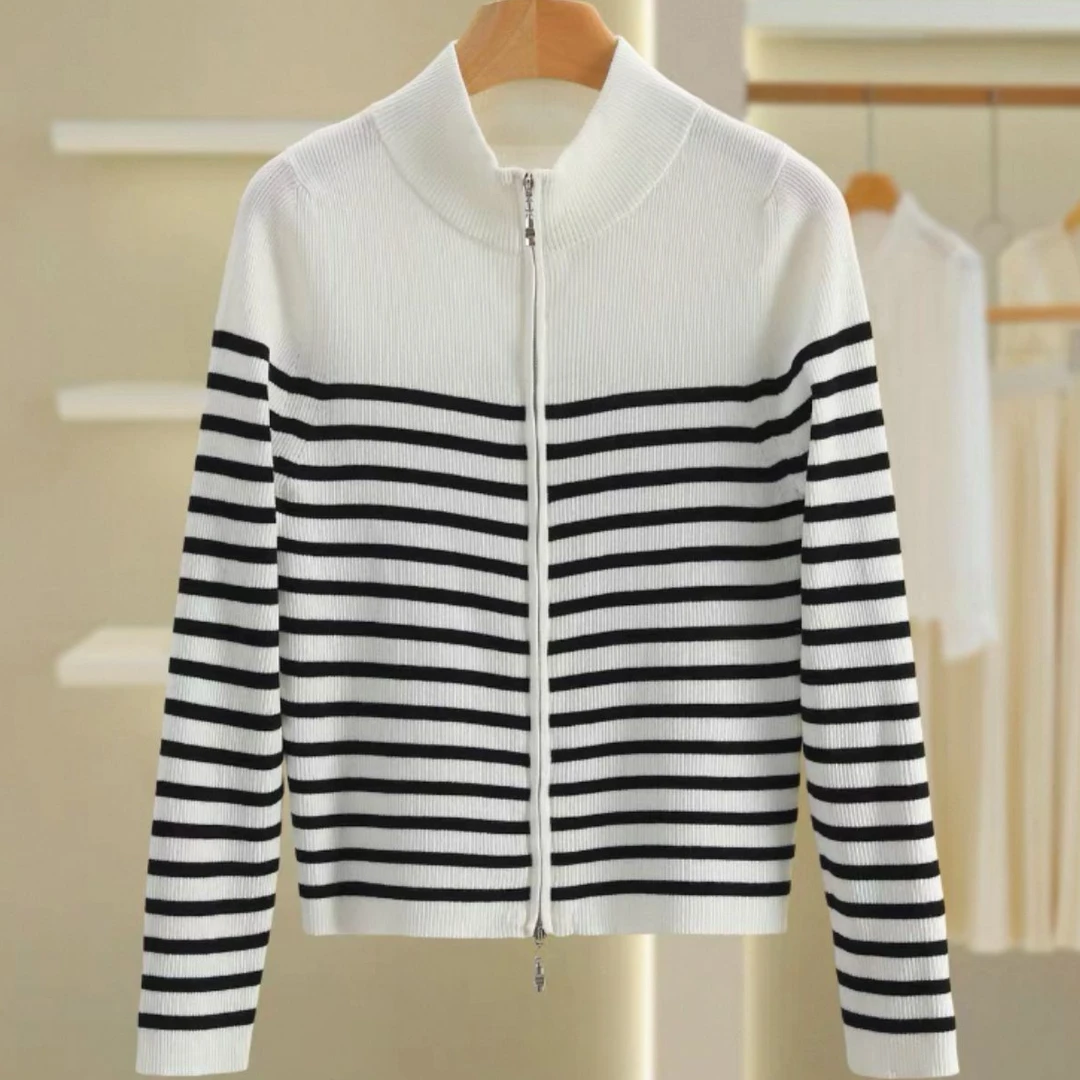 【英琪】#春款上新~巨好看！#法式气质条纹拉链针织衫 A0433