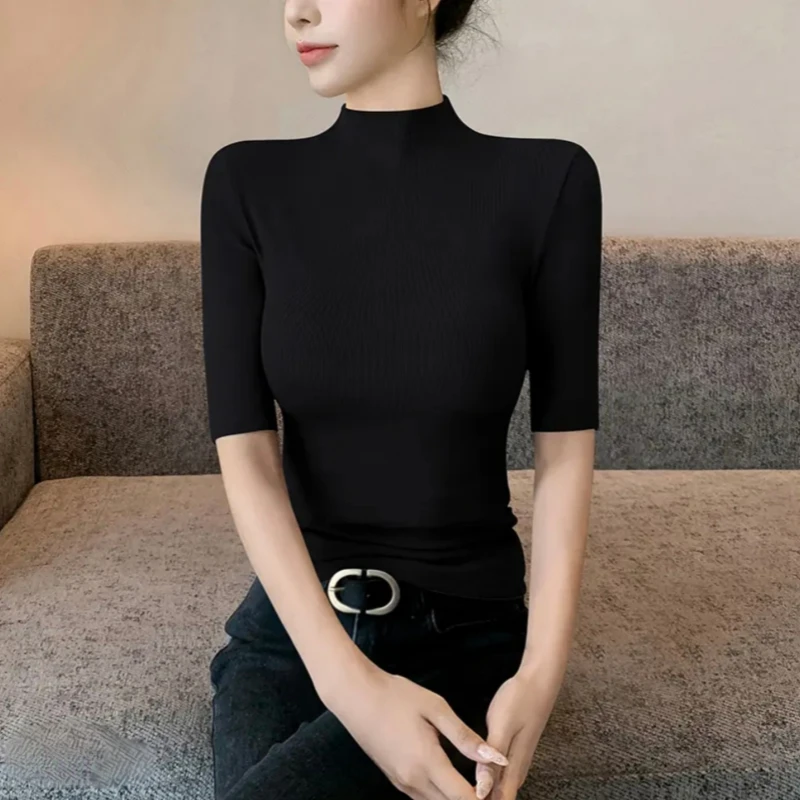 纯色半高领螺纹五分袖t恤女2025新款正肩修身百搭高档打底女