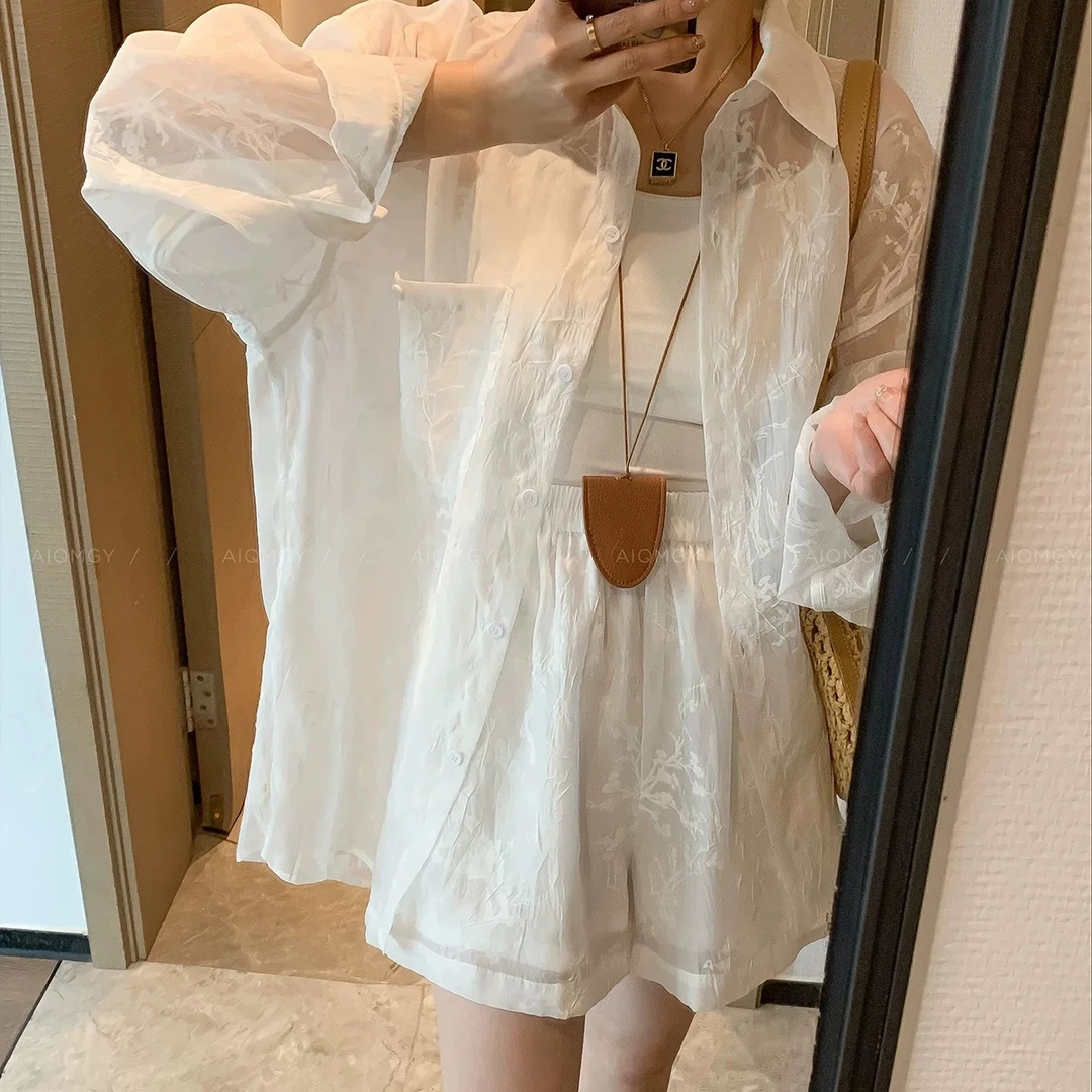 （爱的魔力 ）白色提花两件套装女2024年夏季长袖防晒衬衫休闲短裤