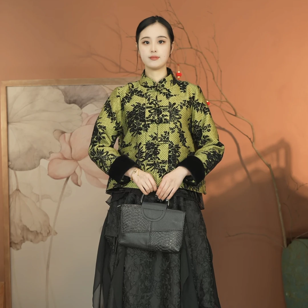 【大海轻奢幂姐同款】S1925秋冬加厚提花刺绣秋香绿短外套新中式