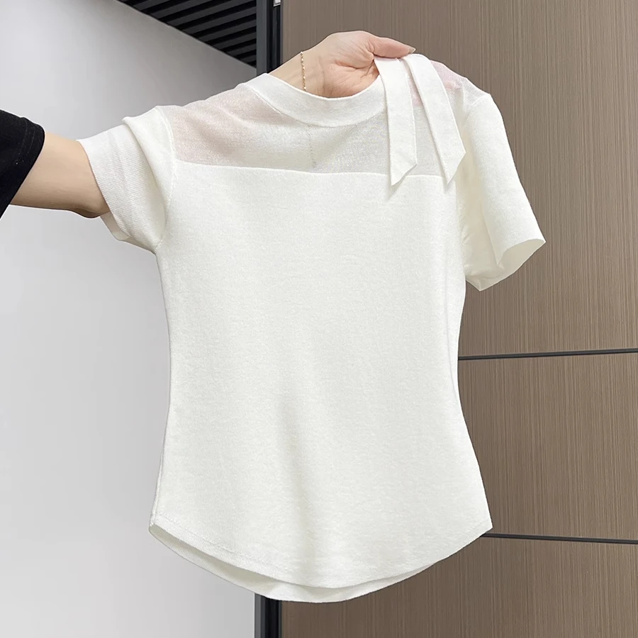 纯欲微透网纱短袖针织衫女夏季新款2025高级感系带修身t恤女上衣