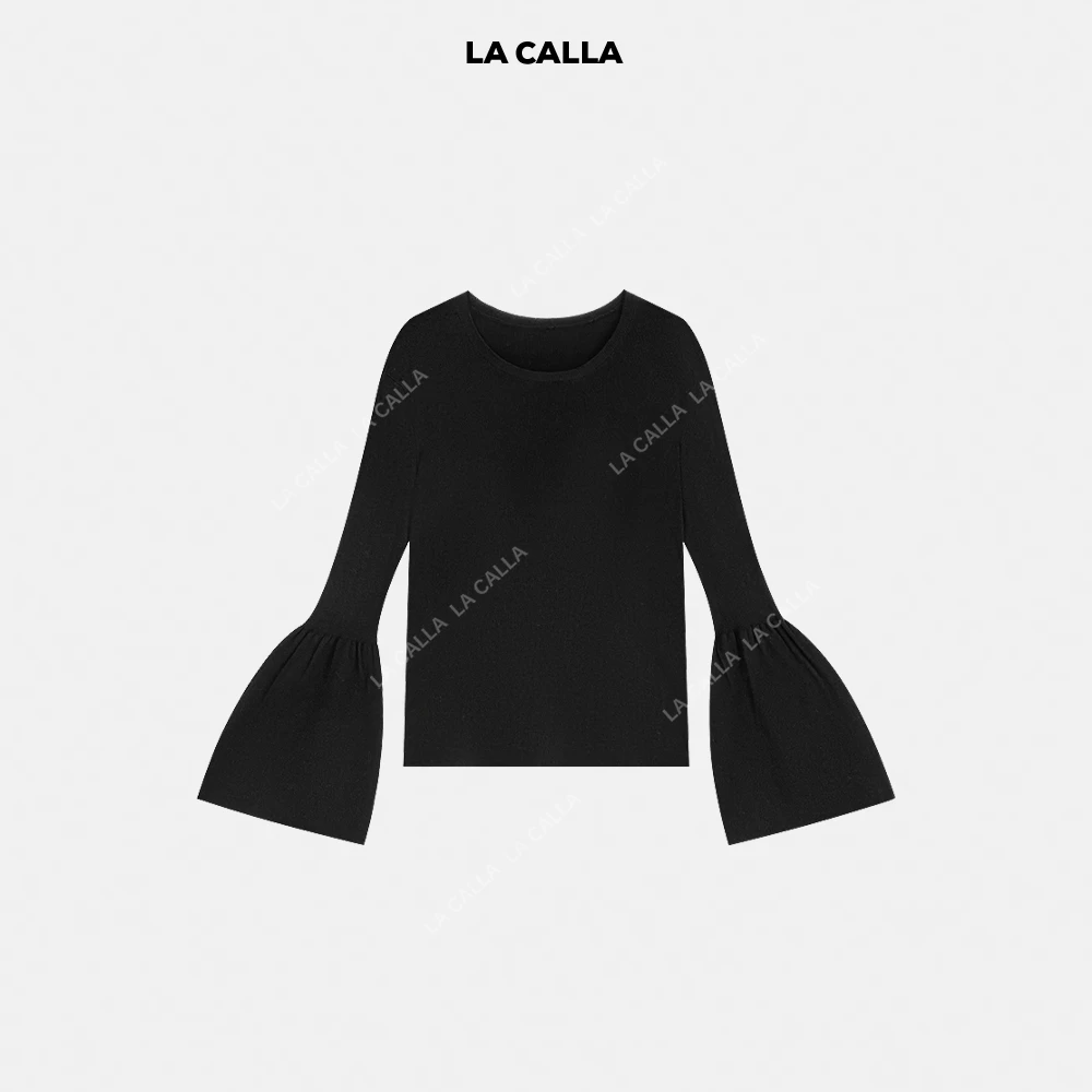 LA CALLA嗲袖黑色圆领喇叭袖羊毛毛织衫OY1683