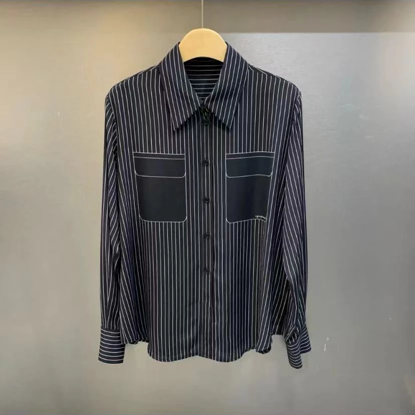 VV&AA 春秋新款条纹翻领设计感中长款假袋衬衫 CK3966