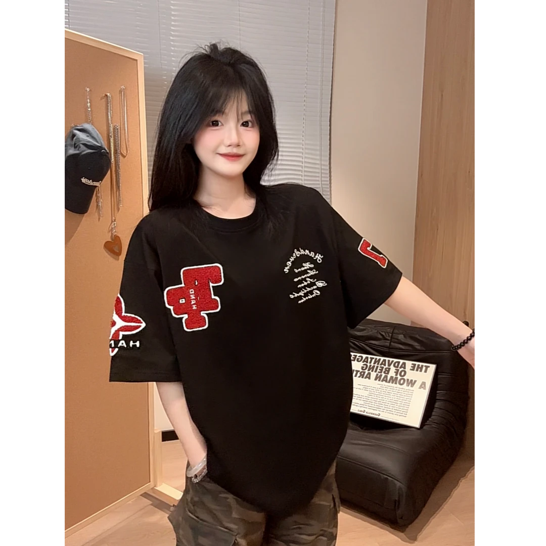 HandSeven夏季重磅复古高街美式百搭t恤半袖男女潮牌毛巾字母刺绣