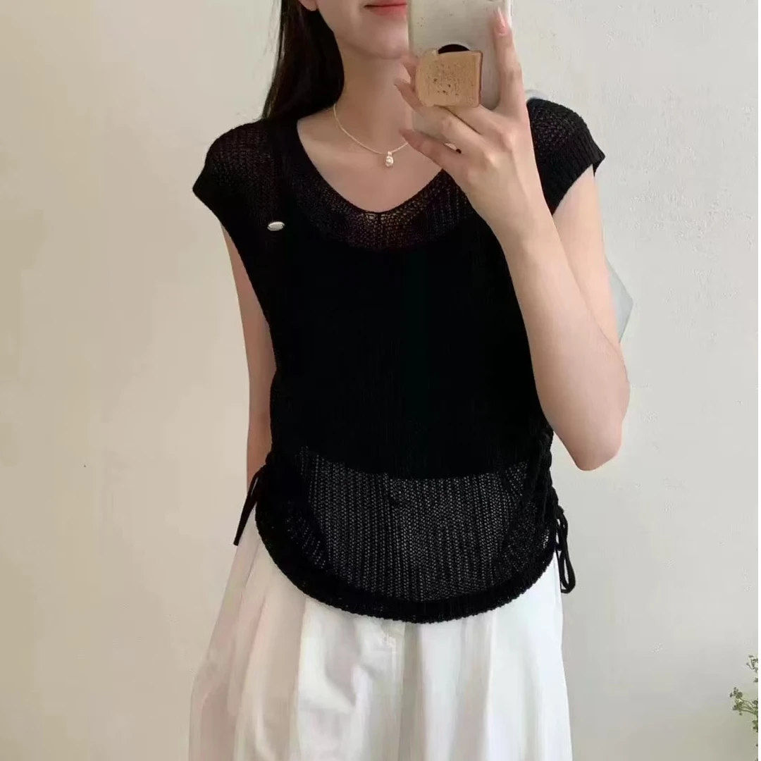 短袖薄款通勤风纯色毛针织衫打底衫时尚显瘦抽绳上衣6377