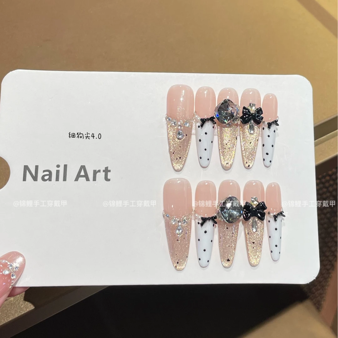 【奶酪陷阱】甜妹白色法式金色猫眼波点黑色蝴蝶结 锦鲤穿戴甲