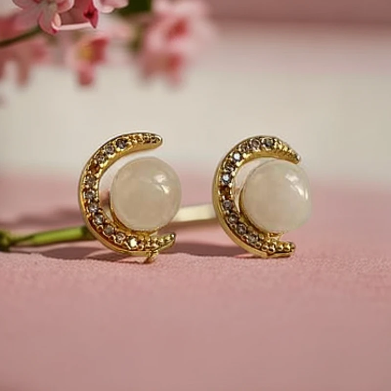 超值天然和田玉星月耳钉白玉合金镶嵌女士时尚别致百搭好看微瑕