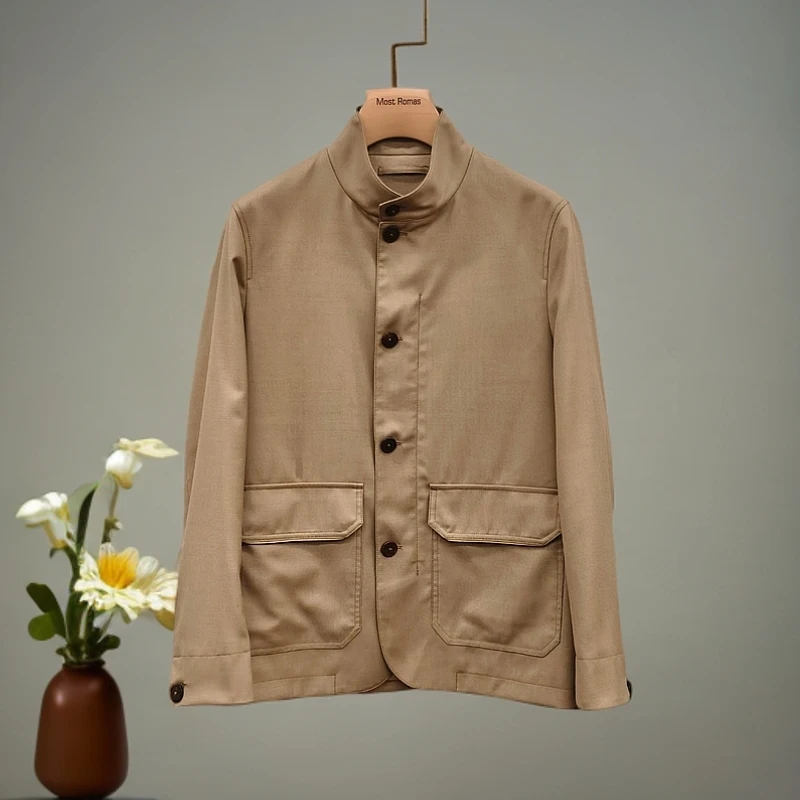 Z*E 25ss意式顶奢精纺羊毛小立领时尚商务休闲可束腰夹克外套4519