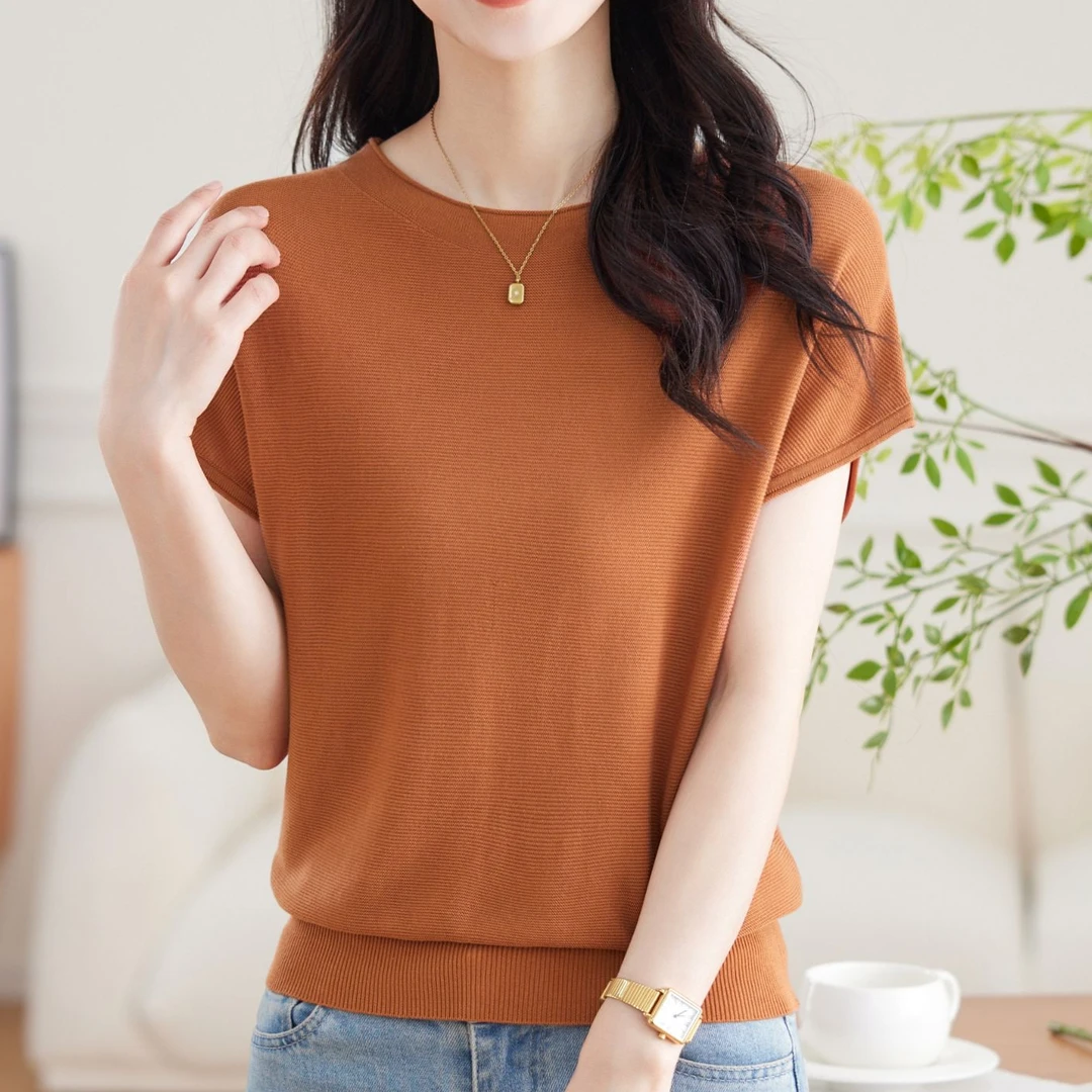 【天丝】凉感短袖T恤女装短款圆领套头上衣宽松遮肚子纯色薄针织衫