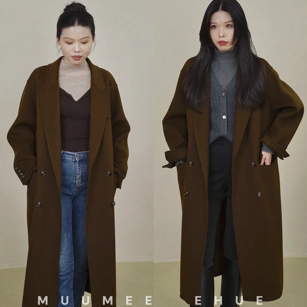 MUUMEE简约气质西装领长款双面呢大衣【宽松韩版】通勤百搭/配腰带
