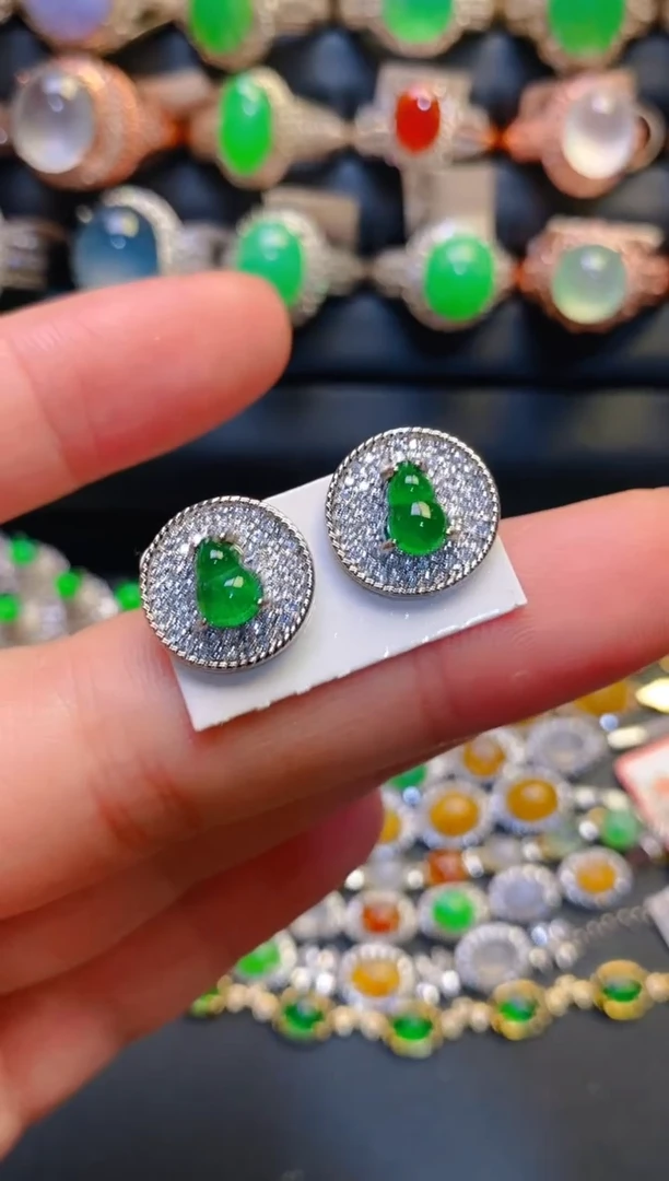 银S925镶嵌翡翠耳饰天然