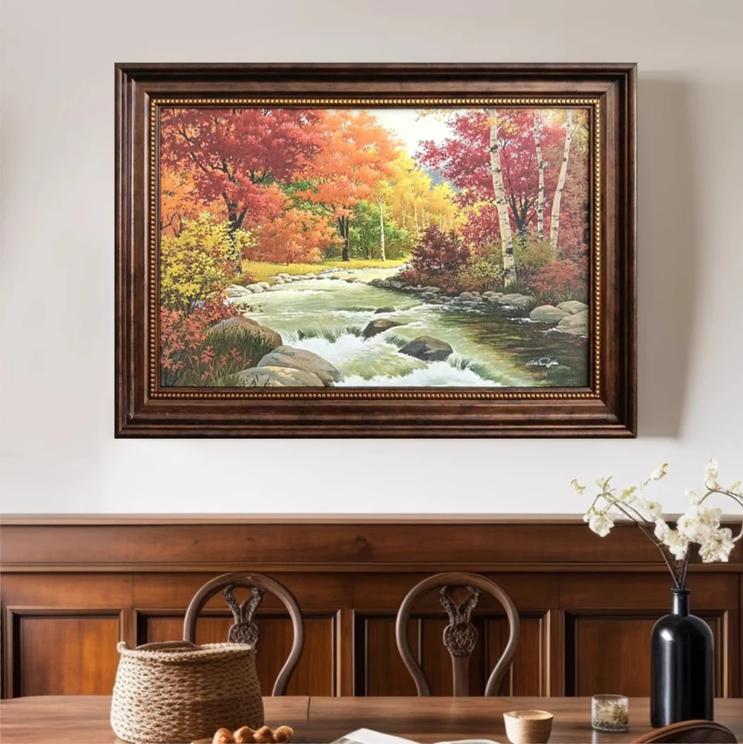 【流水生财】树林流水风景油画式餐厅背景墙过道走廊玄关美式客厅