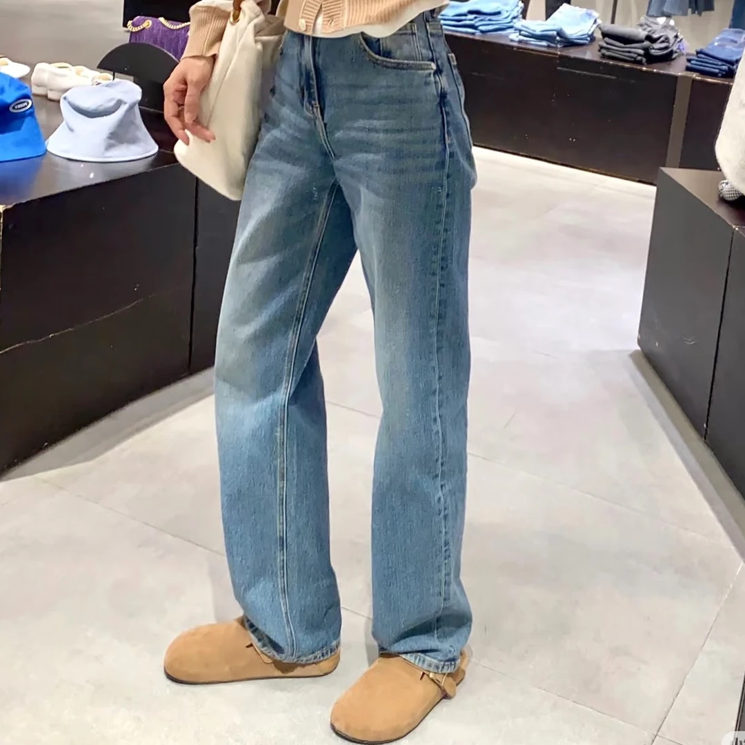 厚绒显高显瘦长绒棉面料直筒阔腿洗水蓝牛仔裤