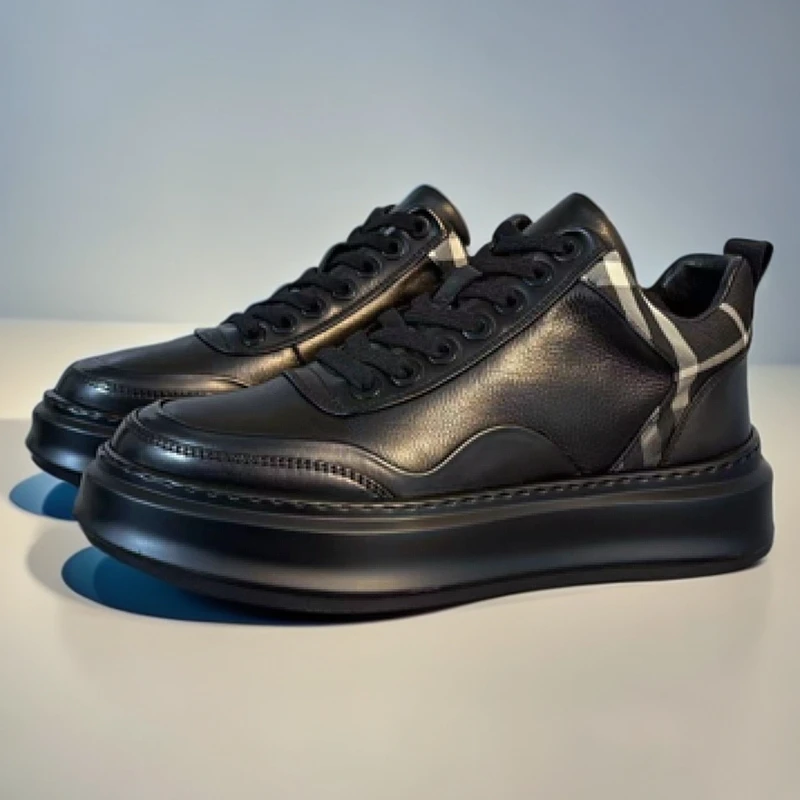 172-1广州冬季新款男士休闲鞋真皮运动板鞋时尚男高级感百搭黑色