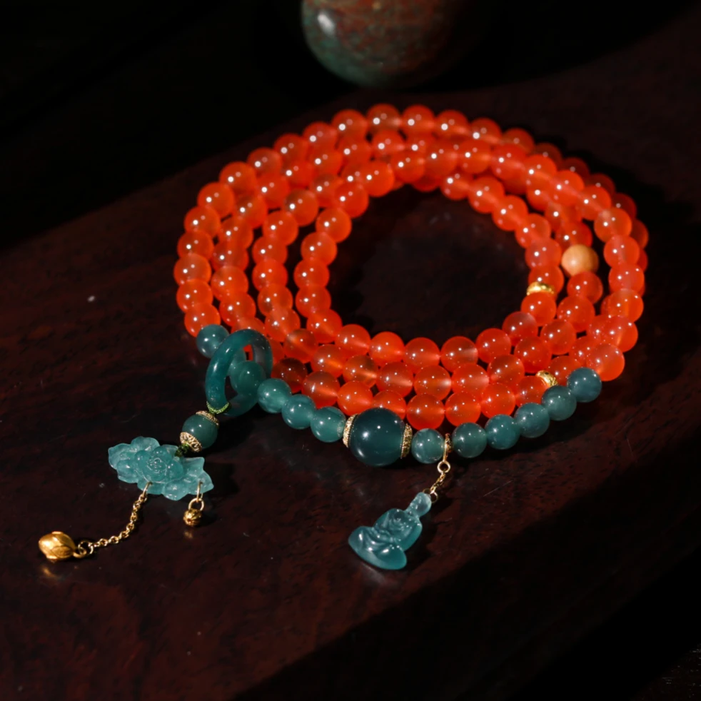 【意婵】《花开见佛》108珠原矿冰红南红18k金翡翠雕花配件-905674