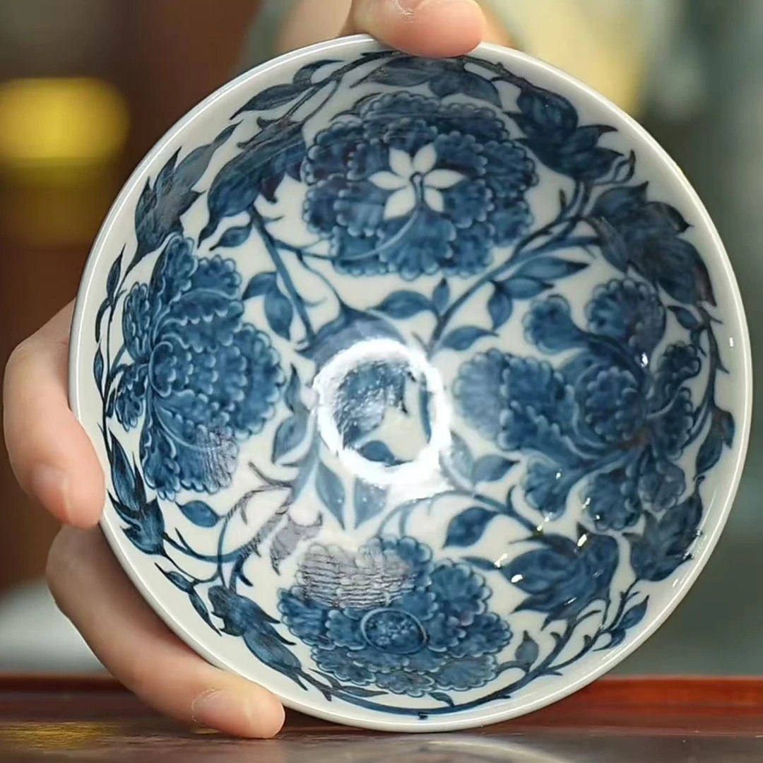 元邑丨四相牡丹斗笠盏80ml景德镇纯手工手绘复古陶瓷茶杯茶具