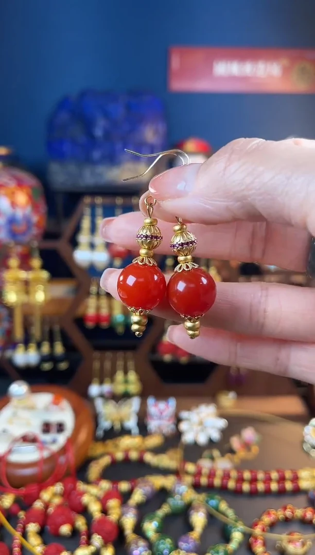 【闪购商品】玛瑙/玉髓耳钩银S925镀金镶嵌澳红耳钩