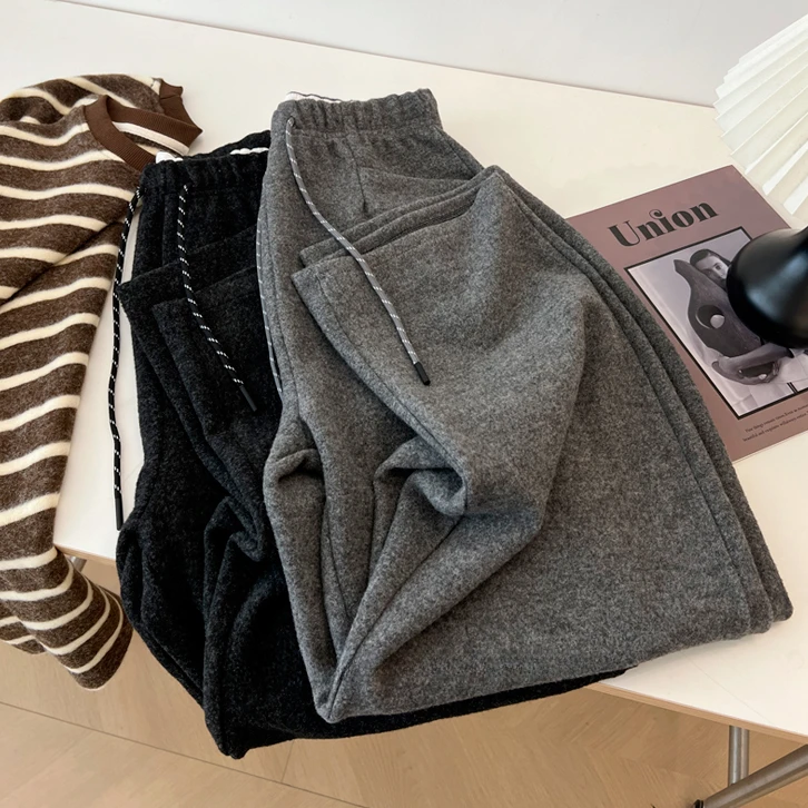 灰色抽绳松紧腰毛呢阔腿裤女秋冬新款梨形身材宽松显瘦垂感休闲裤