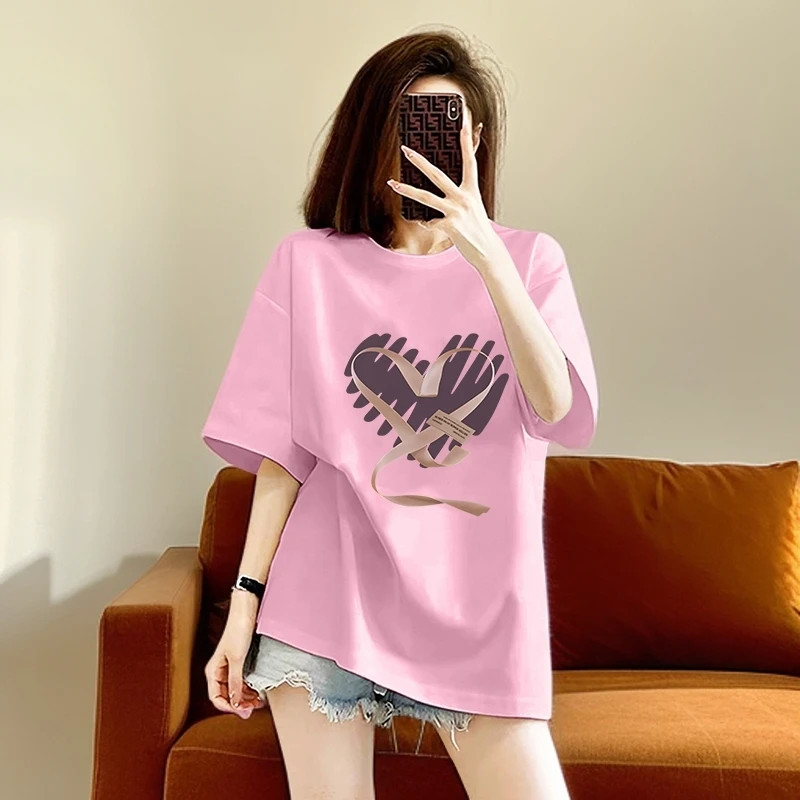 宽松大码休闲舒适潮流百搭圆领爱心印花韩版中长款女士t恤打底衫