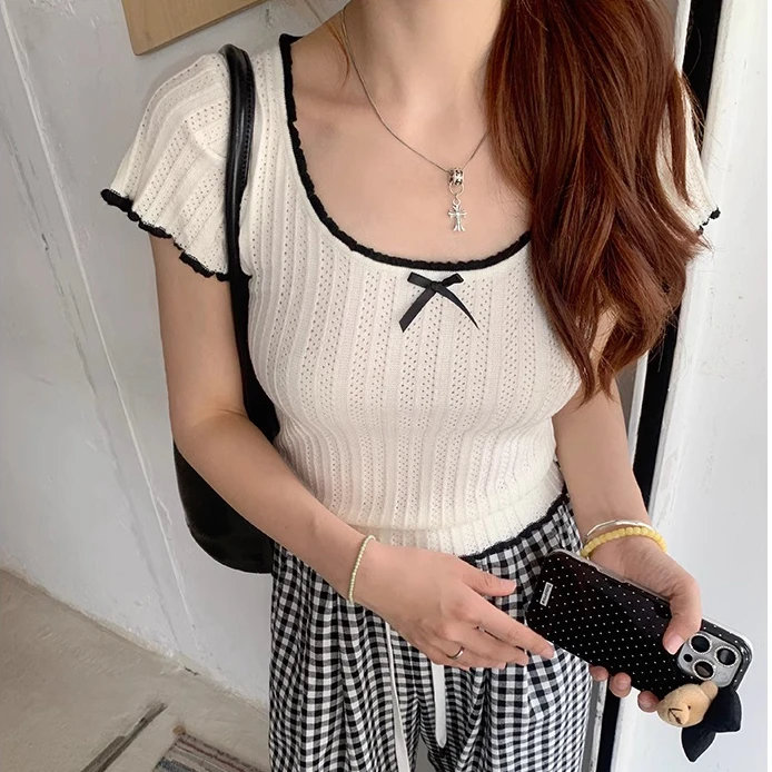 美式正肩撞色花边蝴蝶结短袖T恤女夏季新款紧身辣妹短款上衣