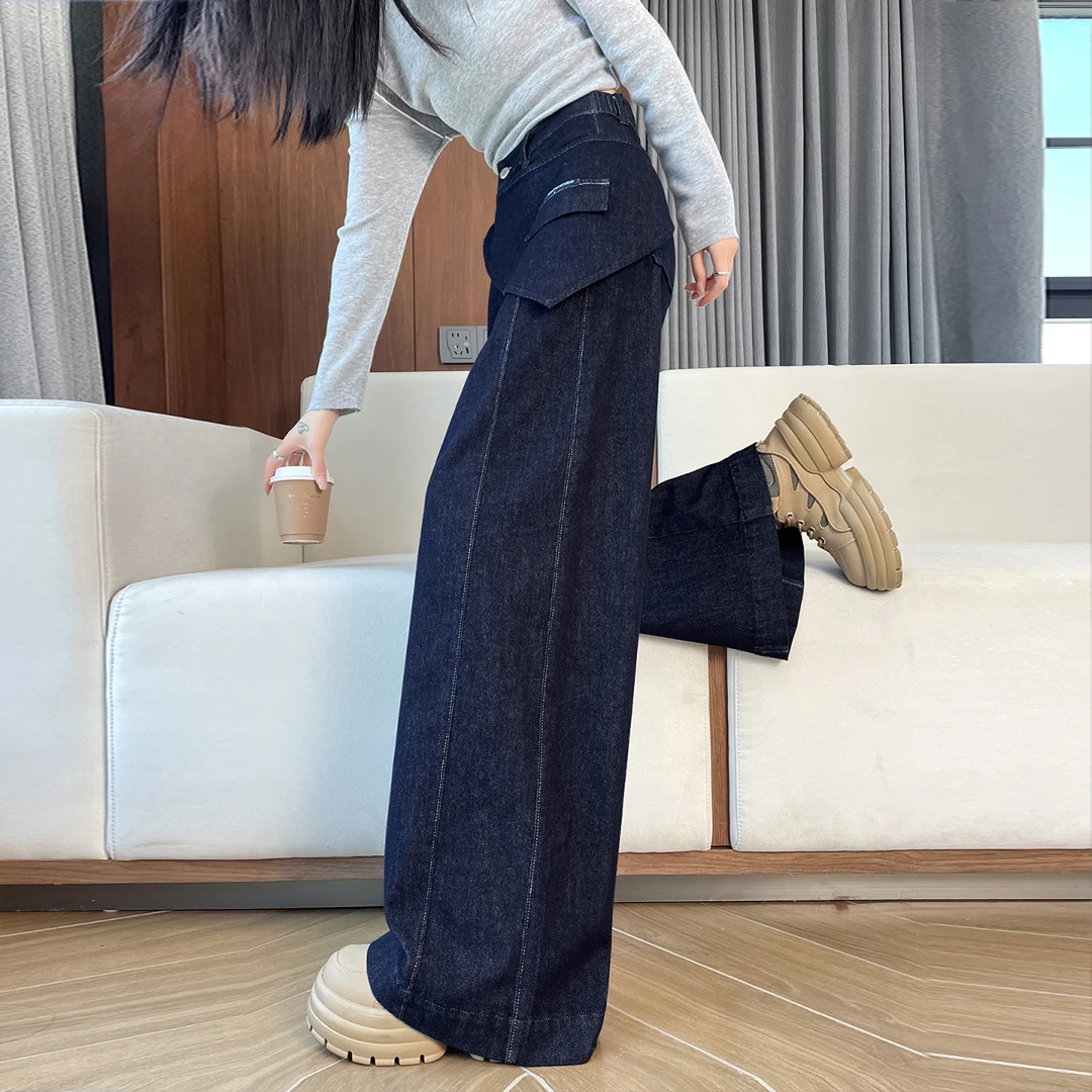 丹宁色复古阔腿牛仔裤春秋2025新款高腰垂感显瘦屁帘直筒拖地裤子