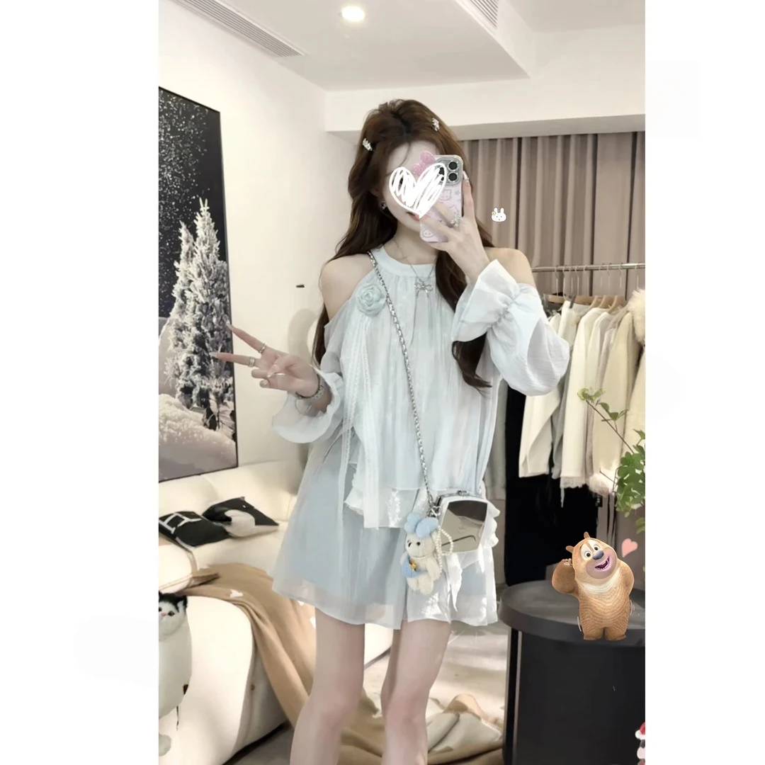 【夏日气泡水】韩系防晒立体花朵露肩设计挂脖上衣+半身裙套装1464