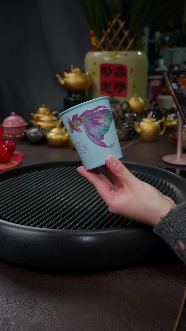 【闪购商品】杯【宜景窑天缥色】手绘碟尾鱼可乐杯