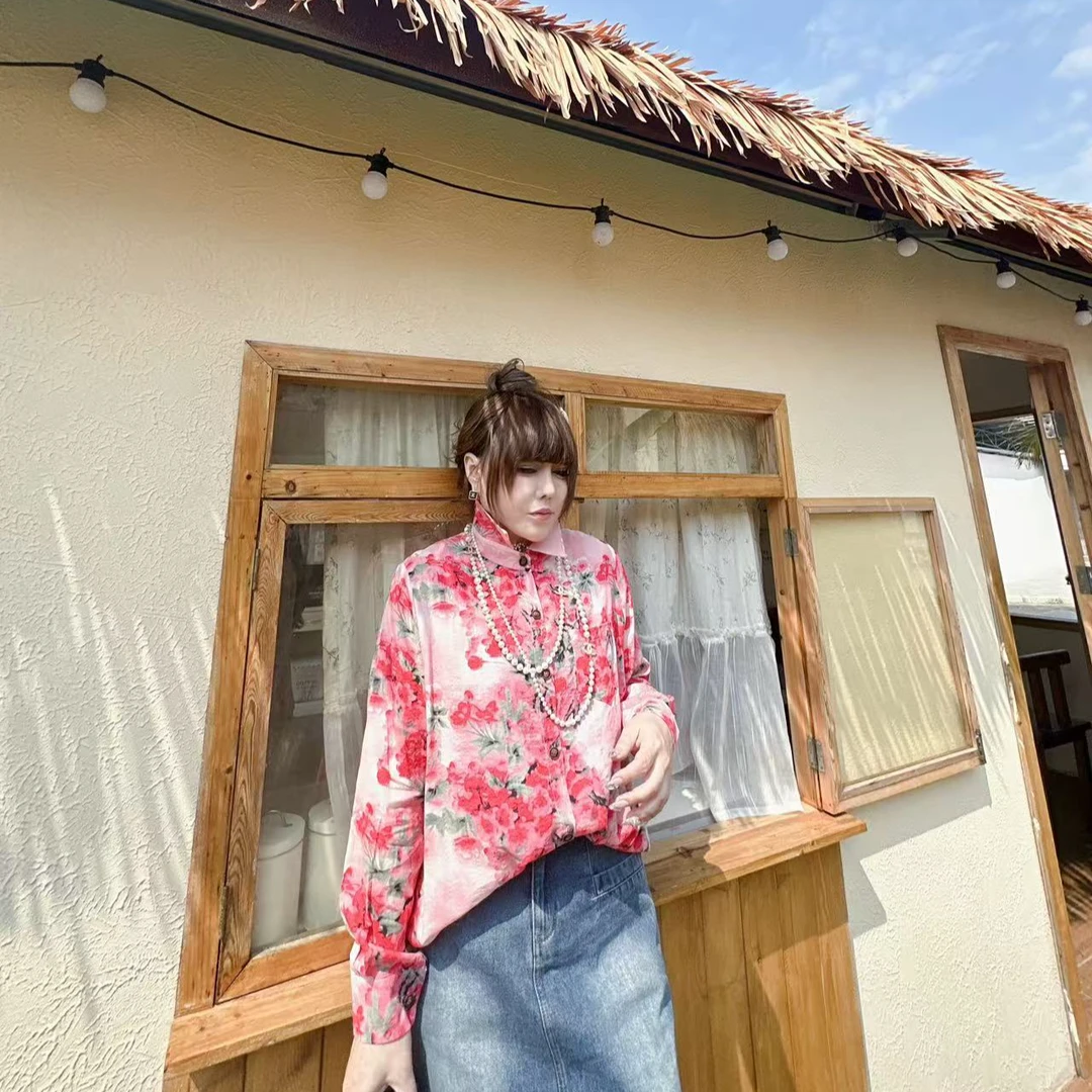 D81219早春新款欧货百搭POLO领单排扣花衬衫(不要用热水浸泡）